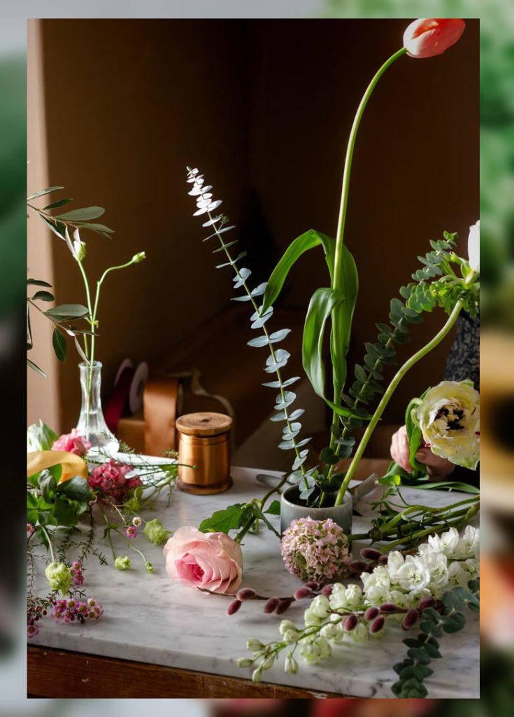 Table of flowers for floristry making